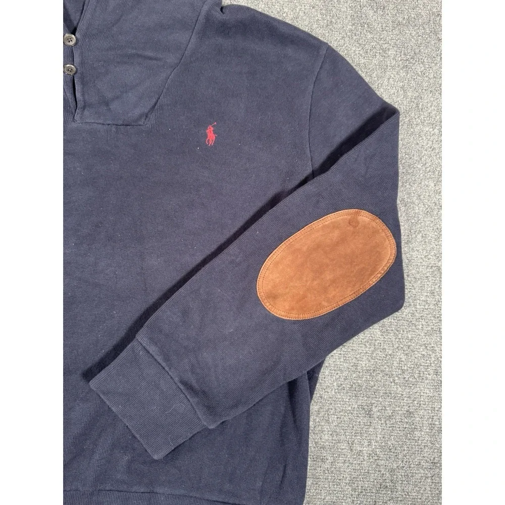 Polo Ralph Lauren Sweatshirt Mens XL‎ Blue Shawl Collar Pullover Suede Elbow